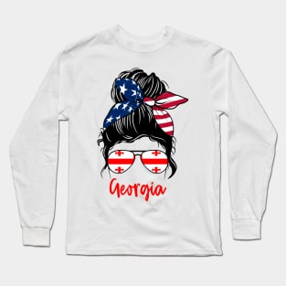 Georgia girl Messy bun , American Girl , Georgia Flag Long Sleeve T-Shirt